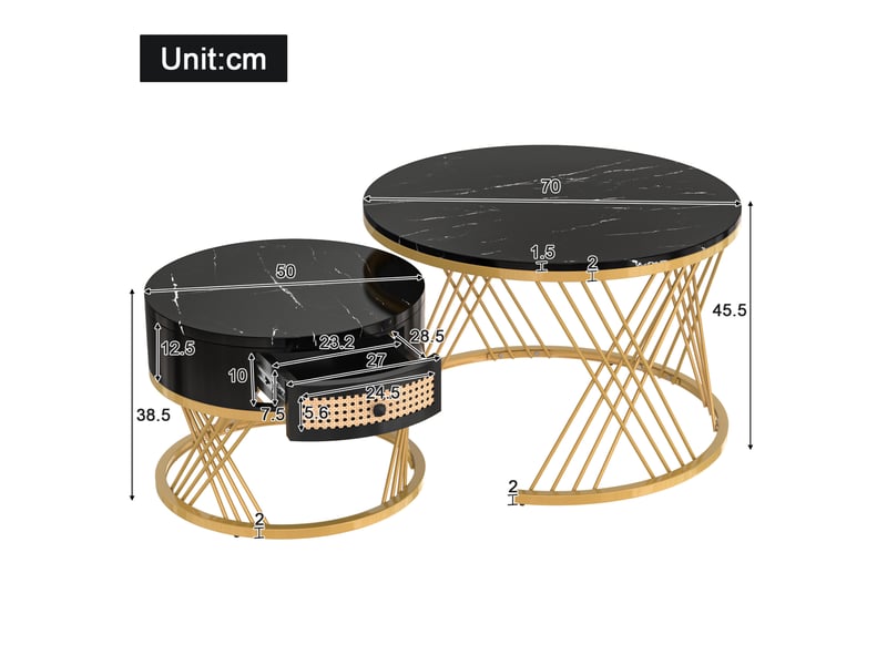 Lot de 2 tables basses rondes gigognes avec tiroir, effet marbre noir et pieds dorés - Conforama E