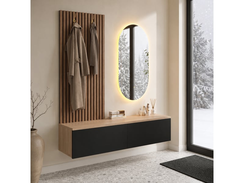  Meuble d’entrée mural 140x38x150 cm avec miroir led, 2 tiroirs, 2 patères, console suspendue, mdf noir et effet bois naturel, pour couloir  - Conforama C