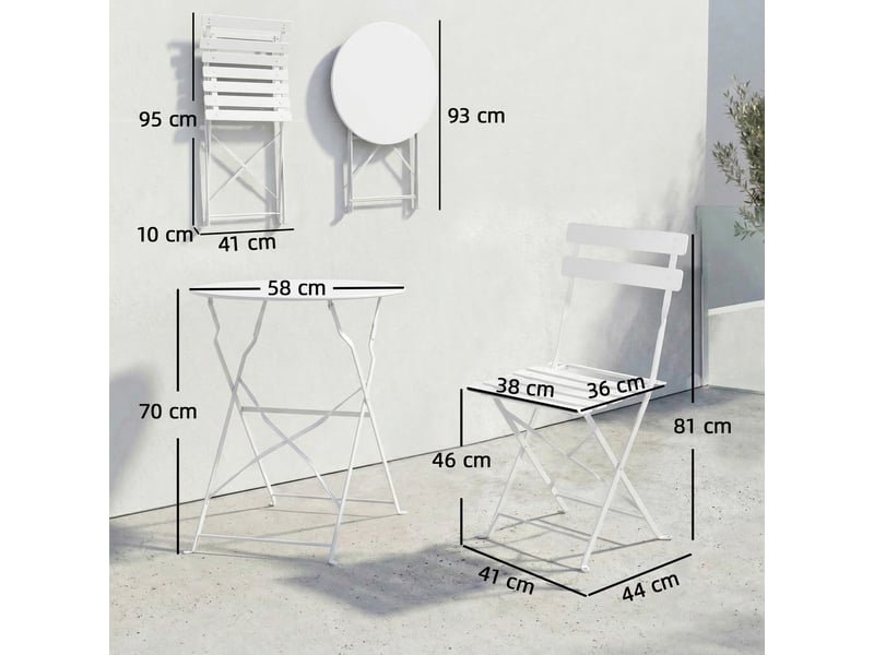  Ensemble bistrot d'extérieur pliable avec table et 2 chaises, blanc  - Conforama E