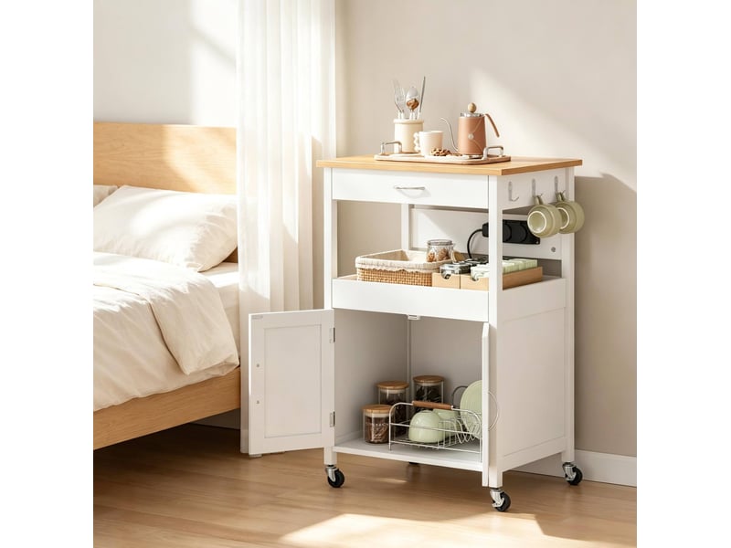  Desserte de cuisine 60 x 45 x 92 cm bambou et blanc en mdf, rangement avec prises et roulettes freinées  - Conforama D