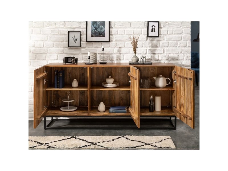  Buffet orkan 160 cm en bois massif de manguier sculpté – 3 portes et piètement noir  - Conforama E