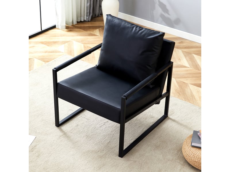  Fauteuil de lecture moderne 68.5x75.4x78cm - avec piétement en métal noir  – canapé individuel pour salon, chambre et bureau – cuir - noir  - Conforama D