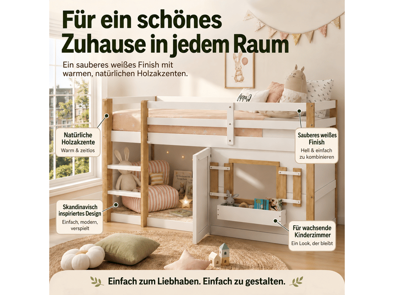 Lit mezzanine enfant 200×90 cm avec échelle et espace de jeu sous le couchage, avec sommier, sans matelas, blanc  - Conforama E