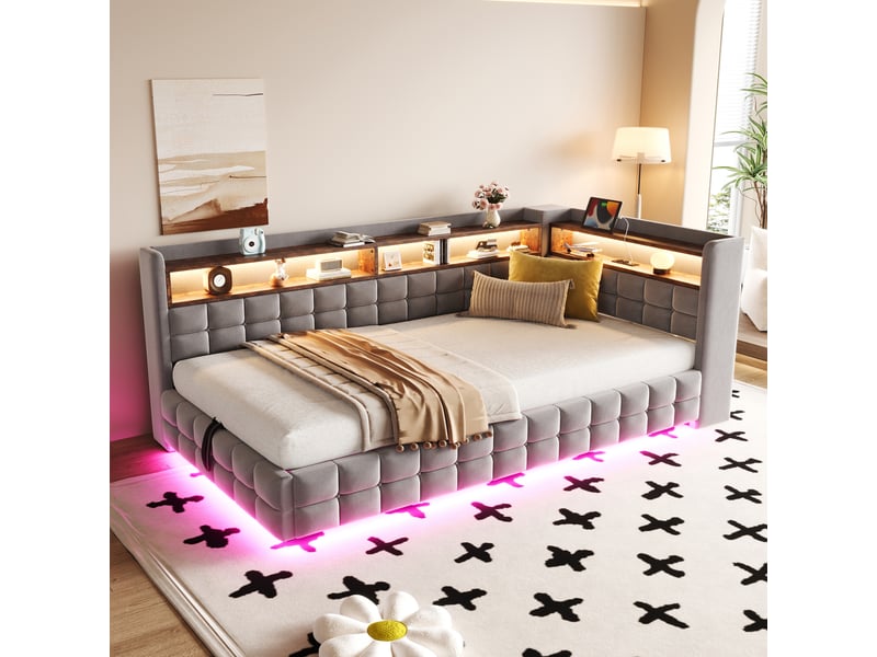 Lit coffre hydraulique 90x200 cm avec étagères, led et prises usb-c, velours gris clair, sans matelas - Conforama R