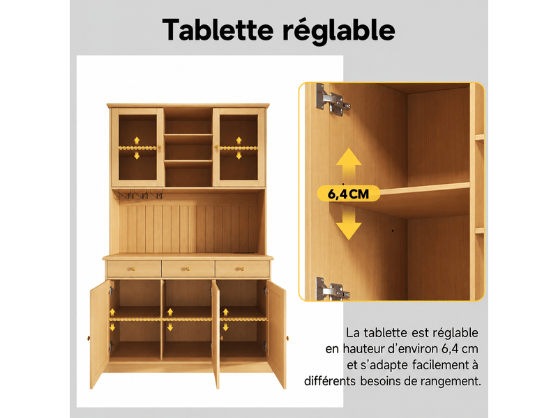  Buffet haut 120x40x191 cm avec portes vitrées, porte-verres, tiroir et rangement réglable, prises usb-c et usb-a, bois naturel OMNIGLINT TRADING LTD - Conforama E