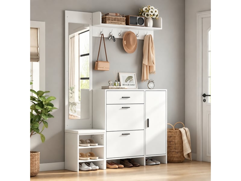  Meuble d'entrée avec banc à chaussures et miroir, 6 patères, 140 x 30 x 200 cm, blanc  - Conforama C