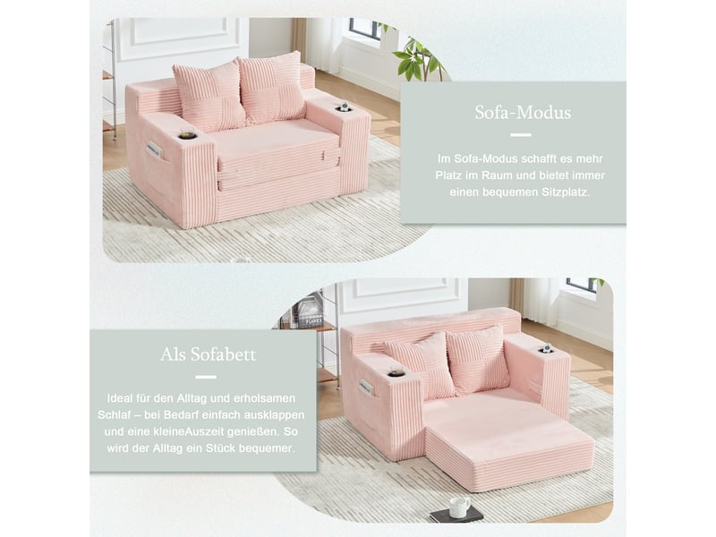 Canapé 2 places convertible en velours côtelé, canapé-lit moderne sans cadre avec 2 coussins, porte-gobelets et poches de rangement latérales, rose  - Conforama D