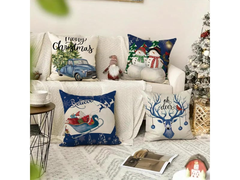  Housses de coussin de noël décoratives, 45 x 45 cm, lot de 4, pour canapé et chambre à coucher, bleu  - Conforama B