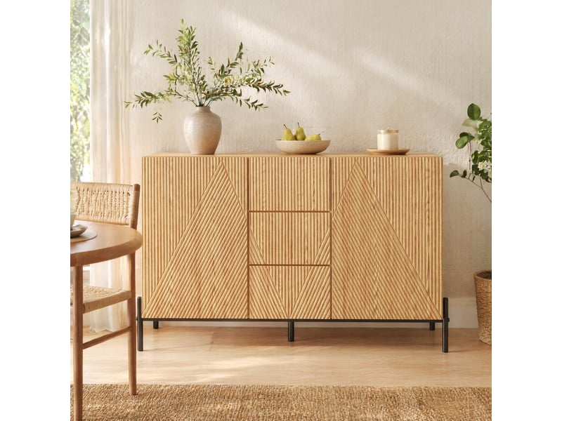  Buffet bas moderne en mdf naturel – 2 portes, 3 tiroirs – 115,5 x 40 x 76 cm  - Conforama B