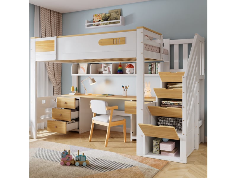  Lit mezzanine 90x200 cm, bureau, tiroirs, escalier de rangement, bois et mdf, blanc et naturel, sans matelas  - Conforama D