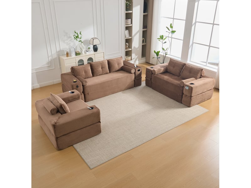  Canapé convertible 2 places avec couchage, poches latérales, porte-gobelet et coussins en velours côtelé marron  - Conforama E