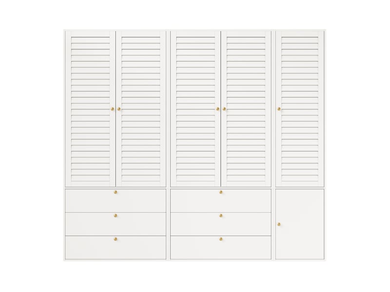 Armoire penderie 5 portes 225x50x200 cm en panneaux de particules avec portes à lamelles, 3 tringles et 6 tiroirs, dressing rangement - blanc - Conforama A