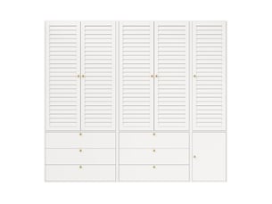 Armoire penderie 5 portes 225x50x200 cm en panneaux de particules avec portes à lamelles, 3 tringles et 6 tiroirs, dressing rangement - blanc
