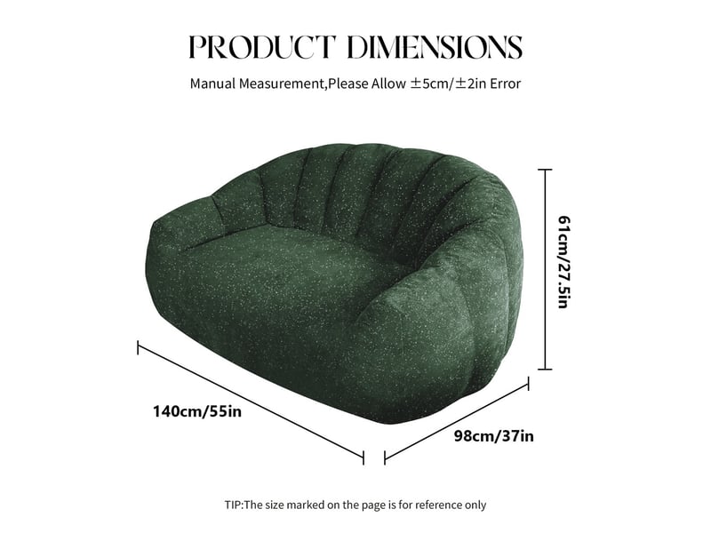  Fauteuil poire géant patte d'ours - 140x98x61cm - canapé pouf rembourré avec accoudoirs tissu flanelle doux - vert  - Conforama E