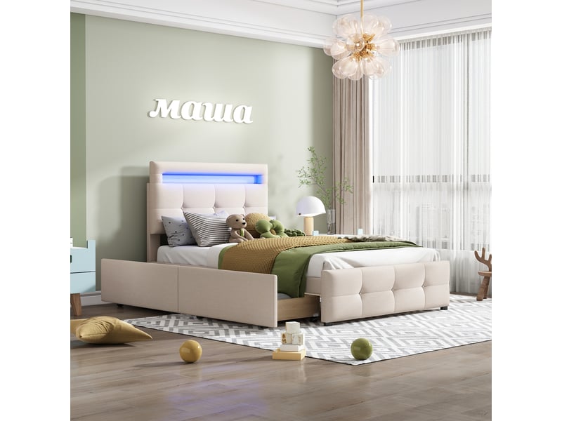  Lit enfant rembourré 90 x 200 cm avec led et 2 tiroirs, tête de lit réglable, beige Fay Lum - Conforama E
