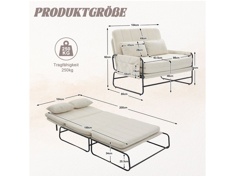  Canapé-lit 2 places 104 cm convertible, cadre en métal, tissu chenille, poches latérales, assise en mousse haute densité, beige  - Conforama C