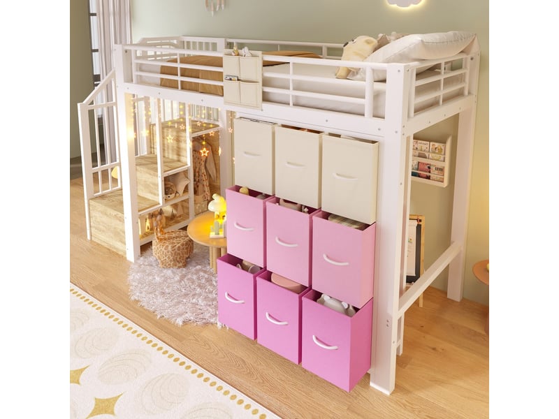  Lit mezzanine métal 90x200 cm blanc tiroirs tringle vêtements garde-corps escalier rangement sans matelas  - Conforama D