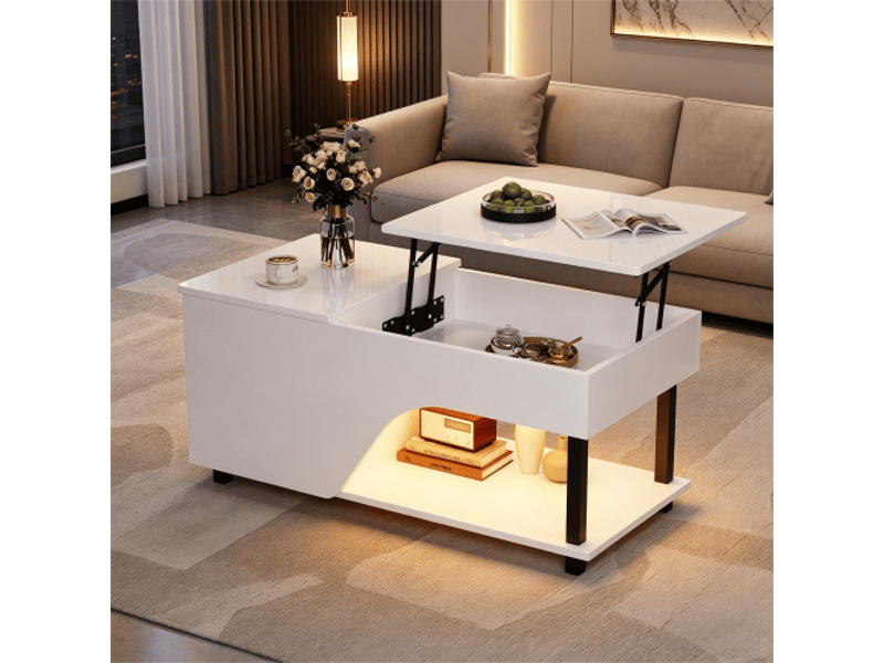  Table basse blanche réglable en hauteur, rangement caché, plateau latéral, design perforé led brillant – 50×100×46 cm  - Conforama B