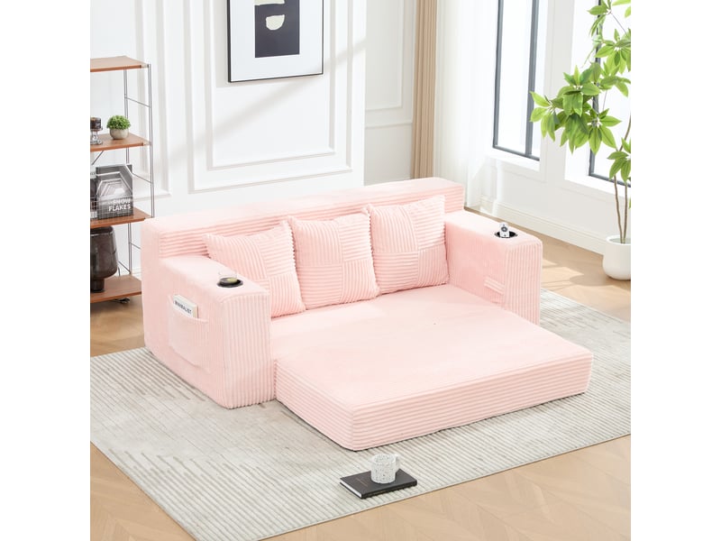  Canapé trois places avec porte-gobelets et poches latérales, design sans cadre, larges assises - rose  - Conforama E