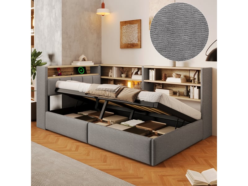 Lit coffre hydraulique 90x200 cm avec led, usb-c et tête réversible, velours gris, structure mdf, sans matelas - Conforama R