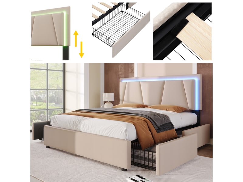 Lit double beige 140x200 cm, tête de lit réglable, 4 tiroirs, led intégré, sommier à lattes bois, sans matelas - Conforama D