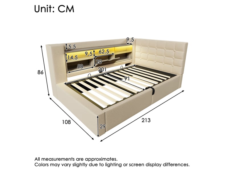  Modenvie lit coffre 90x200 cm - led, tête de lit avec rangements et ports usb, matelas inclus - beige  - Conforama C