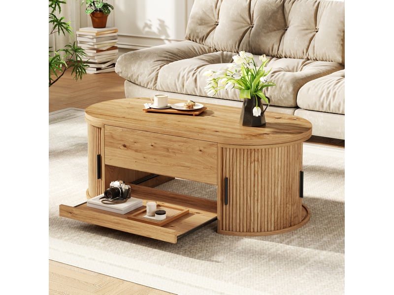  Table basse 110x55x55 cm, plateau escamotable, espace de rangement, usage polyvalent, pour intérieur, en mdf, naturel  - Conforama D