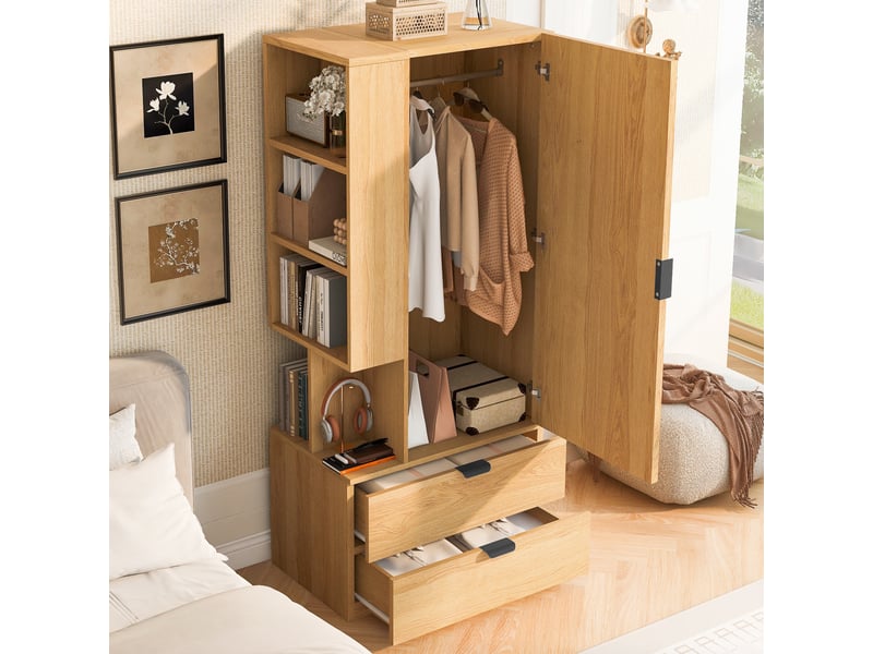  Armoire penderie de chambre 70x50x170 cm - 2 tiroirs - étagères ouvertes - espace penderie - bois et bois reconstitué - bois naturel  - Conforama D