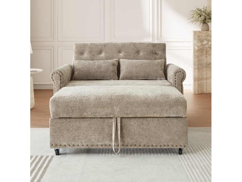 Canapé droit convertible 2 places en tissu taupe, dossier réglable 3 positions et couchage d'appoint 170x98 cm  - Conforama E