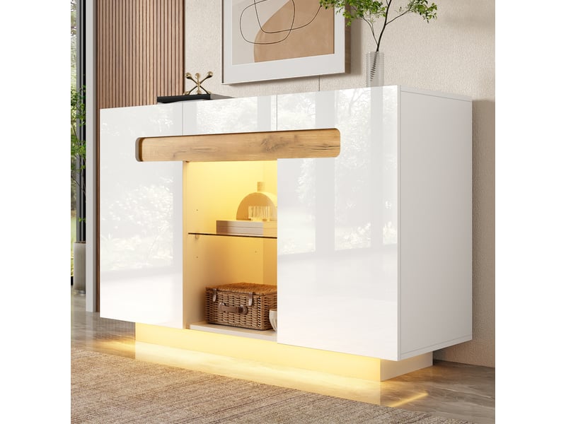  Buffet led blanc et bois 120 cm façades brillantes avec étagères en verre  - Conforama D