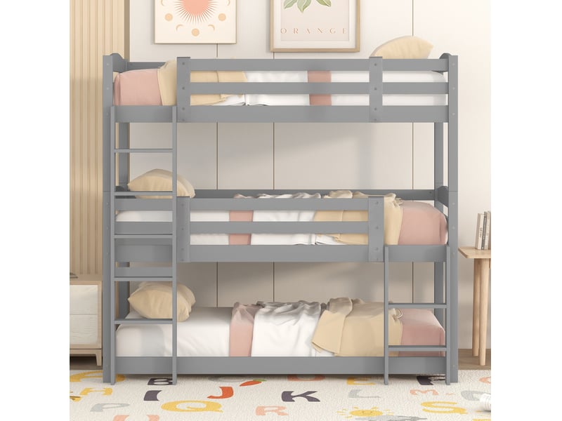  Lit superposé triple enfant 90x200 cm gris en bois de pin et mdf  - Conforama B