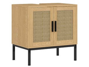 Meuble sous vasque avec 2 étagères et portes en cannage, pieds métal, salle de bain, en bois, 60×39×60 cm