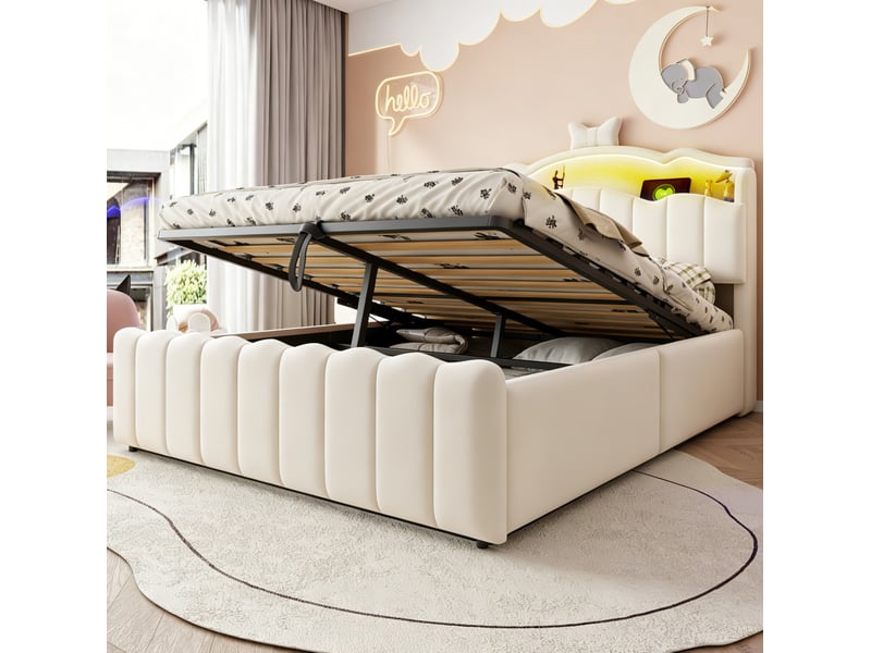 Lit enfant coffre 140 x 200 cm en velours beige avec tête de lit à rangement, led et ports usb - Conforama D