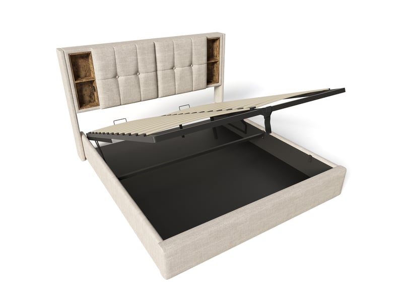 Lit double 160x200 cm en lin naturel, coffre de rangement, charge sans fil usb-c et usb  - Conforama D