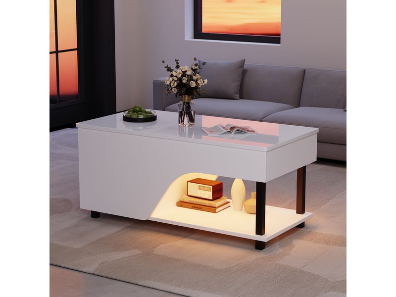  Table basse relevable 100x50 cm avec rangement caché et led, table de salon modulable en bois et métal, blanc brillant  - Conforama W