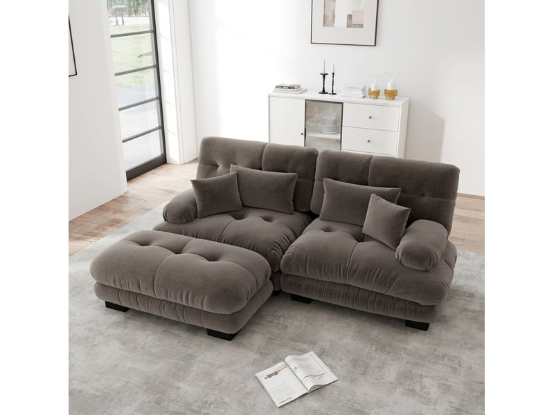  Canapé modulaire 220x145x81cm 2 places, assise confortable, meuble de salon, structure en bois, tissu chenille, marron  - Conforama B