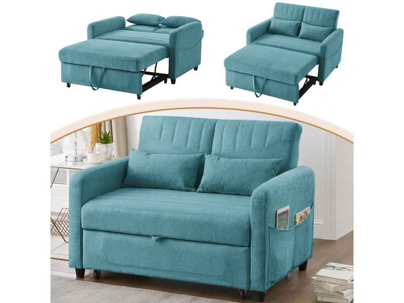  Canapé convertible 2 places, canapé-lit design extensible avec dossier réglable 3 positions, tissu lin et coton respirant, bleu vert antique  - Conforama C