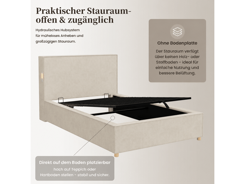 Lit coffre beige 90 x 200 cm avec sommier relevable hydraulique - Conforama D