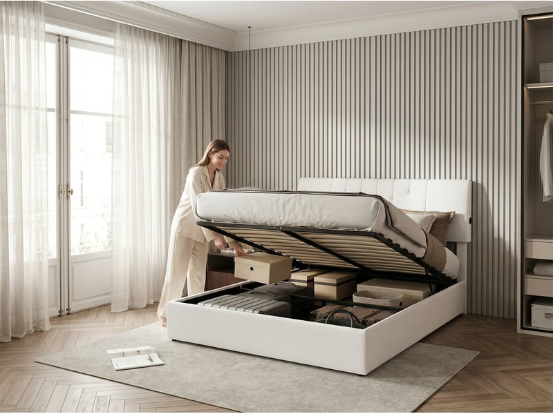  Lit 2 places 140x200 cm - led, usb - velours beige avec sommier à lattes inclus  - Conforama E
