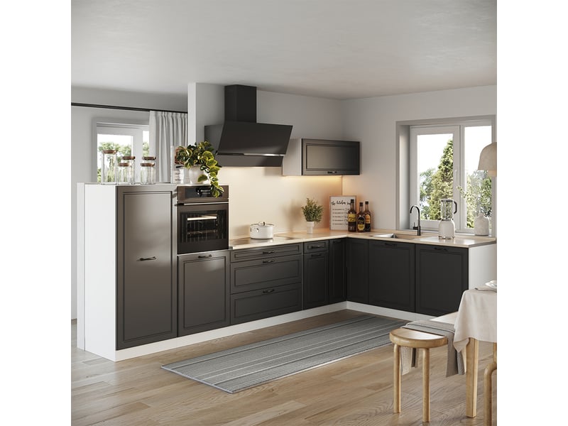  Vicco cuisine en angle, anthracite campagneblanc, 347 x cm plan de travail chêne doré  - Conforama C