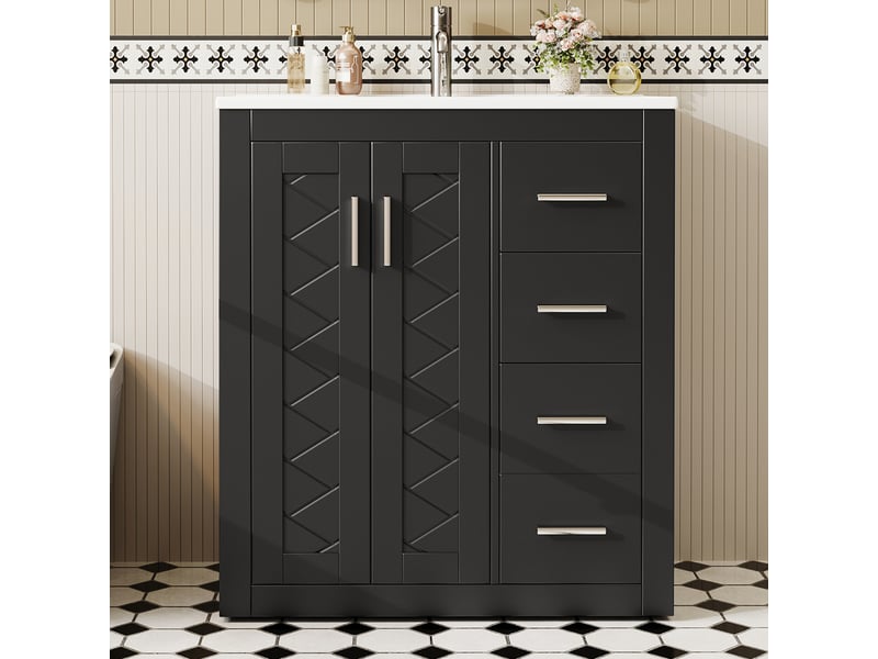 Meuble vasque noir avec lavabo intégré, tiroirs et portes amorties 76 cm - Conforama B