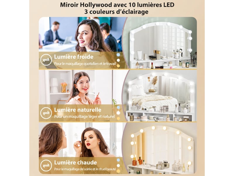  Coiffeuse blanche avec miroir lumineux led, 3 teintes, 7 tiroirs et 3 niches, 110 x 40 x 150 cm  - Conforama D