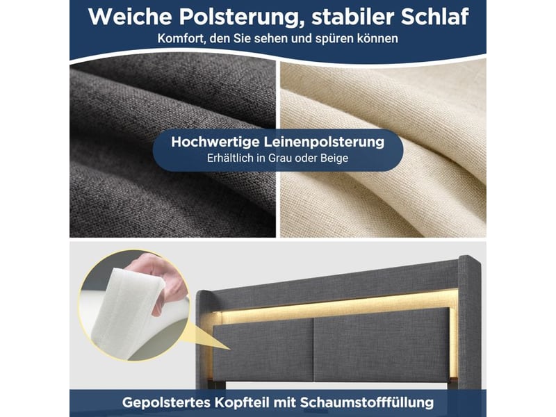  Lit rembourré avec rangement - 160x200 cm - gris - lin - éclairage led - ports usb &amp; usb-c  - Conforama C