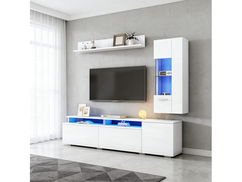  Meuble tv tcqpz ensemble mural 3 pièces blanc brillant led pour tv jusqu'à 80 pouces mdf verre acrylique  - Conforama D
