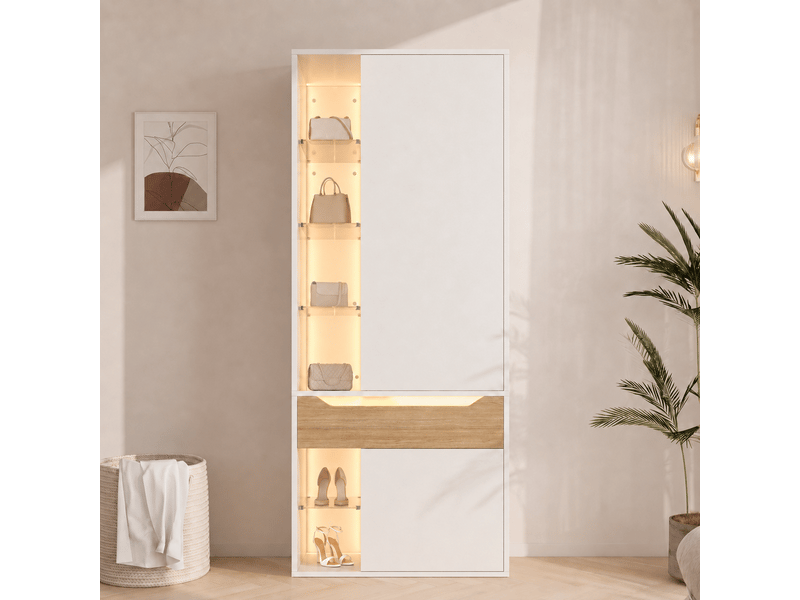  Armoire de chambre blanche avec éclairage led et vitrine en verre 75x50x200 cm  - Conforama R