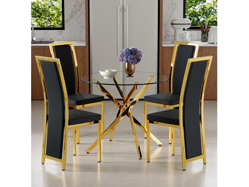 Set de table et de chaises 88 cm luxueux en verre trempé avec structure en métal dorée, combiné à 4 chaises minimalistes noires à bord doré pour la salle à manger - Conforama B