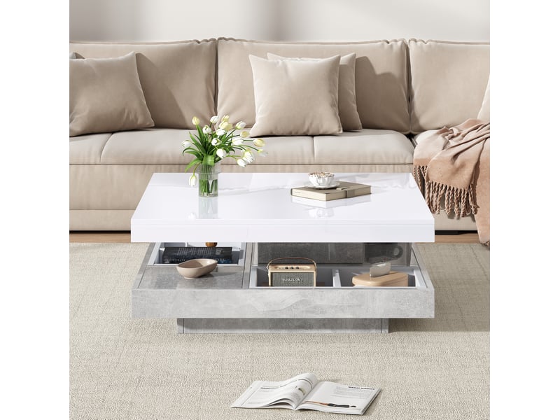  Table basse carrée 70x70 cm à plateau rotatif 360°, rangement, blanc brillant  - Conforama D