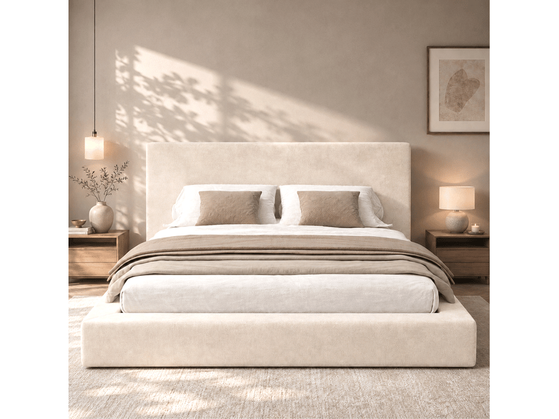 Lit 2 places 180x200 cm – beige – cadre capitonné en tissu chenille avec sommier, sans matelas - Conforama B