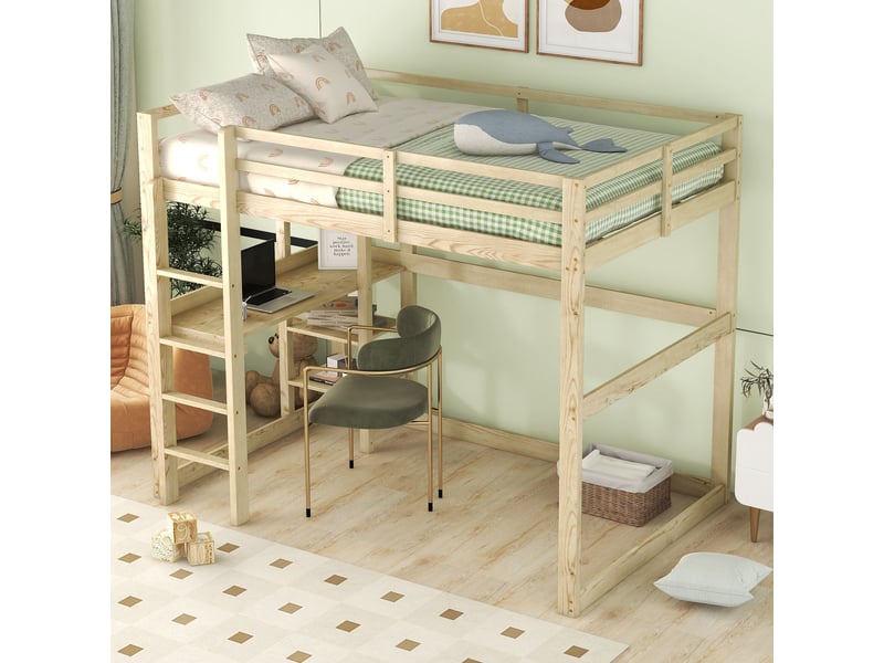  Lit mezzanine 140x200 cm avec 4 casiers et un plateau de bureau, lit enfant avec espace de rangement, en pin, finition naturelle  - Conforama D