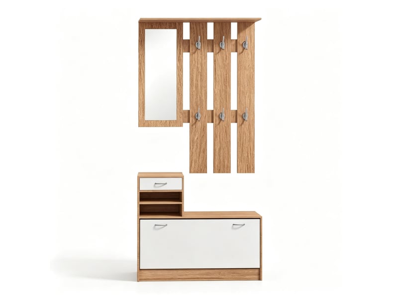  Penderie mobile - armoire de couloir avec panneau porte-manteaux, miroir, banc à chaussures, 6 patères et étagère réglable  - Conforama B
